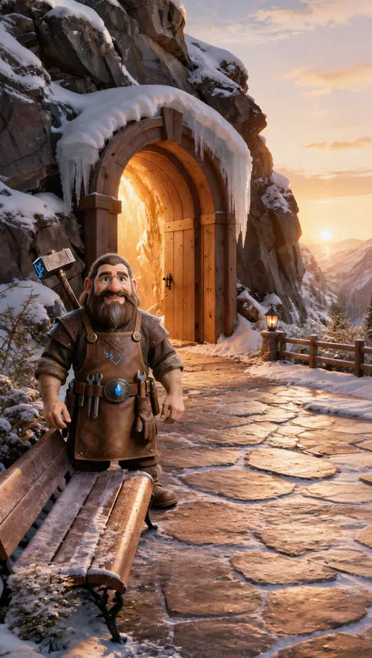 Sindri, le nain forgeron, devant l'entrée de sa forge dans la montagne enneigée